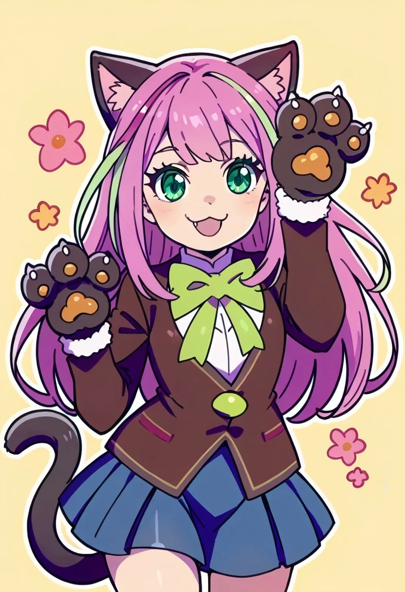 score_9, score_8_up, score_7_up, source_anime, NyaaOS, 1girl, solo, long hair, smile, skirt, gloves, animal ears, school uniform, green eyes, jacket, tail, pink hair, multicolored hair, cowboy shot, cat ears, streaked hair, cat tail, :3, blazer, animal hands, paw gloves, cat paws