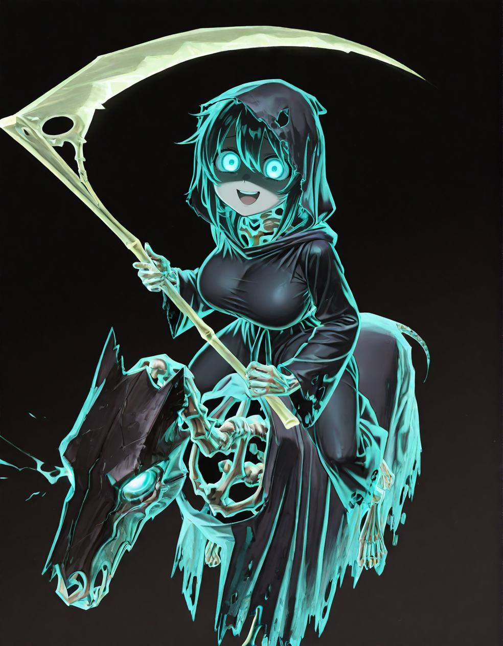(2D,masterpiece,best quality,amazing quality, high resolution,looking at viewer,ultra-detailed,1 girl,solo,source_anime,petite,lovely,curvy,cute,huge_breasts,spooky,ghost,Simple black background),Hexwraiths,holding scythe,horseback riding,skeleton,skeleton horse,robe,hooded robe,glowing eyes,attack trail, attack, swinging weapon,Shortstack,open mouth,shaded face, scared face, yandere, smile,taut clothes,<lora:Hexwraiths:1>, <lora:ValbunStyle-IL:0.4>