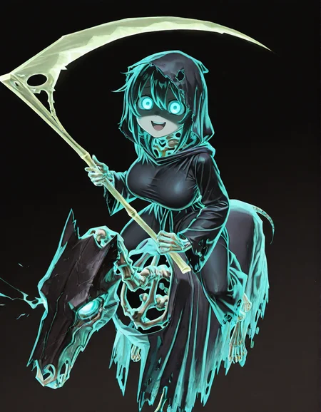 (2D,masterpiece,best quality,amazing quality, high resolution,looking at viewer,ultra-detailed,1 girl,solo,source_anime,petite,lovely,curvy,cute,huge_breasts,spooky,ghost,Simple black background),Hexwraiths,holding scythe,horseback riding,skeleton,skeleton horse,robe,hooded robe,glowing eyes,attack trail, attack, swinging weapon,Shortstack,open mouth,shaded face, scared face, yandere, smile,taut clothes,<lora:Hexwraiths:1>, <lora:ValbunStyle-IL:0.4>