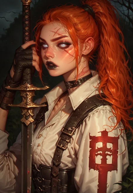 score_9, score_8_up, score_7_up, g0th1c, morimee_style, glowing eyes, depth of field, outdoors, war field, 43stl1ght1ng, dramatic lighting, eye lightning, 1girl, warrior, expressive eyes, eyeshadow, black sclera, white eyes, slim fit, nose scar, scars, pale skin parted lips, black lipstick, ginger hair, ponytail, bangs, big sword, holding sword, sleek, fingerless gloves, white clothes, black corset, choker, neckline, fantasy, cowboy shot, looking at viewer, slit pupils