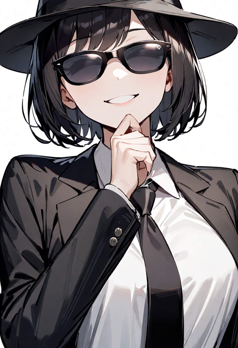 masterpiece, best quality, very aesthetic, absurdres,
1girl, solo, black hair, medium hair, smile, upper body, formal, suit, necktie, fedora, black necktie, black suit, covered eyes, 
sg_WAYFARER, sunglasses, black-framed eyewear,  black-tinted eyewear
, white background, simple background,
 <lora:sunglasses_wayfarer_SDXL_V1:1>