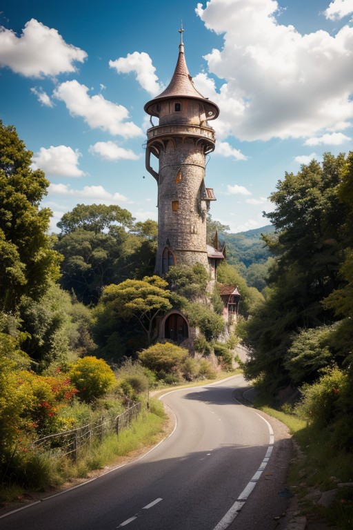 realistic analog photo, award winning photo, GoldMoonstoneWorld witow, no humans, scenery, blue sky, road, nature, outdoors, RAW, highres, 8k, uhd, High Dynamic Range, tonemapping, crisp details, portcullis,