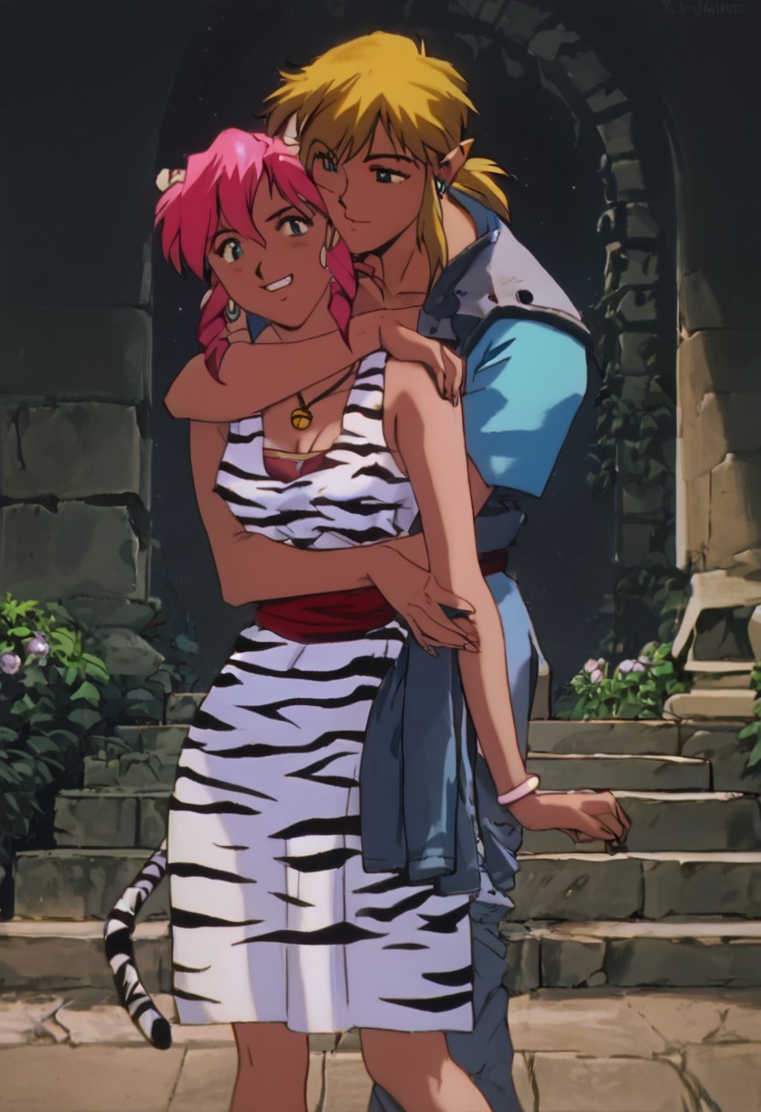 score_9, score_8_up, score_7_up, score_6_up, 1990s_(Style), 90s, Anime_Coloring, masterpiece, source_anime screenshot, duo, 1 girl, 1 boy, vivid colors, anime style, cartoon anime, source_anime, high-res, beautiful aesthetic, very intricate, high-quality details, vibrant, highly detailed, award-winning, professional, sleek and shiny, <lora:pink-ponyxl-v2:1>, single fang showing, sleeveless dress, white tiger print dress, pelvic curtain, cleavage, white cat ears, cat bell necklace, bright pink hair, tanned, white tiger tail, red sash, small breasts, leather shoes, detailed eyes, green eyes, detailed face, smile,  BREAK score_9, score_8_up, score_7_up, score_6_up, Masterpiece, source_anime, anime style, 1 girl, 1 boy, vivid colors, high-res, beautiful aesthetic, very intricate, high-quality details, vibrant, highly detailed, award-winning, professional, <lora:link:1> link1, link, pointy ears, blonde hair, blue eyes, medium hair, side locks, earrings, short ponytail, blue hylian tunic, grin
Break
In front of Medieval castle in ruins, pink and link standing for photo, hugging, kissing neck, night time, moon partially showing behind castle, front view, cowboy shot, whimsical, happy