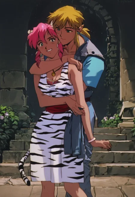 score_9, score_8_up, score_7_up, score_6_up, 1990s_(Style), 90s, Anime_Coloring, masterpiece, source_anime screenshot, duo, 1 girl, 1 boy, vivid colors, anime style, cartoon anime, source_anime, high-res, beautiful aesthetic, very intricate, high-quality details, vibrant, highly detailed, award-winning, professional, sleek and shiny, <lora:pink-ponyxl-v2:1>, single fang showing, sleeveless dress, white tiger print dress, pelvic curtain, cleavage, white cat ears, cat bell necklace, bright pink hair, tanned, white tiger tail, red sash, small breasts, leather shoes, detailed eyes, green eyes, detailed face, smile, BREAK score_9, score_8_up, score_7_up, score_6_up, Masterpiece, source_anime, anime style, 1 girl, 1 boy, vivid colors, high-res, beautiful aesthetic, very intricate, high-quality details, vibrant, highly detailed, award-winning, professional, <lora:link:1> link1, link, pointy ears, blonde hair, blue eyes, medium hair, side locks, earrings, short ponytail, blue hylian tunic, grin
Break
In front of Medieval castle in ruins, pink and link standing for photo, hugging, kissing neck, night time, moon partially showing behind castle, front view, cowboy shot, whimsical, happy
