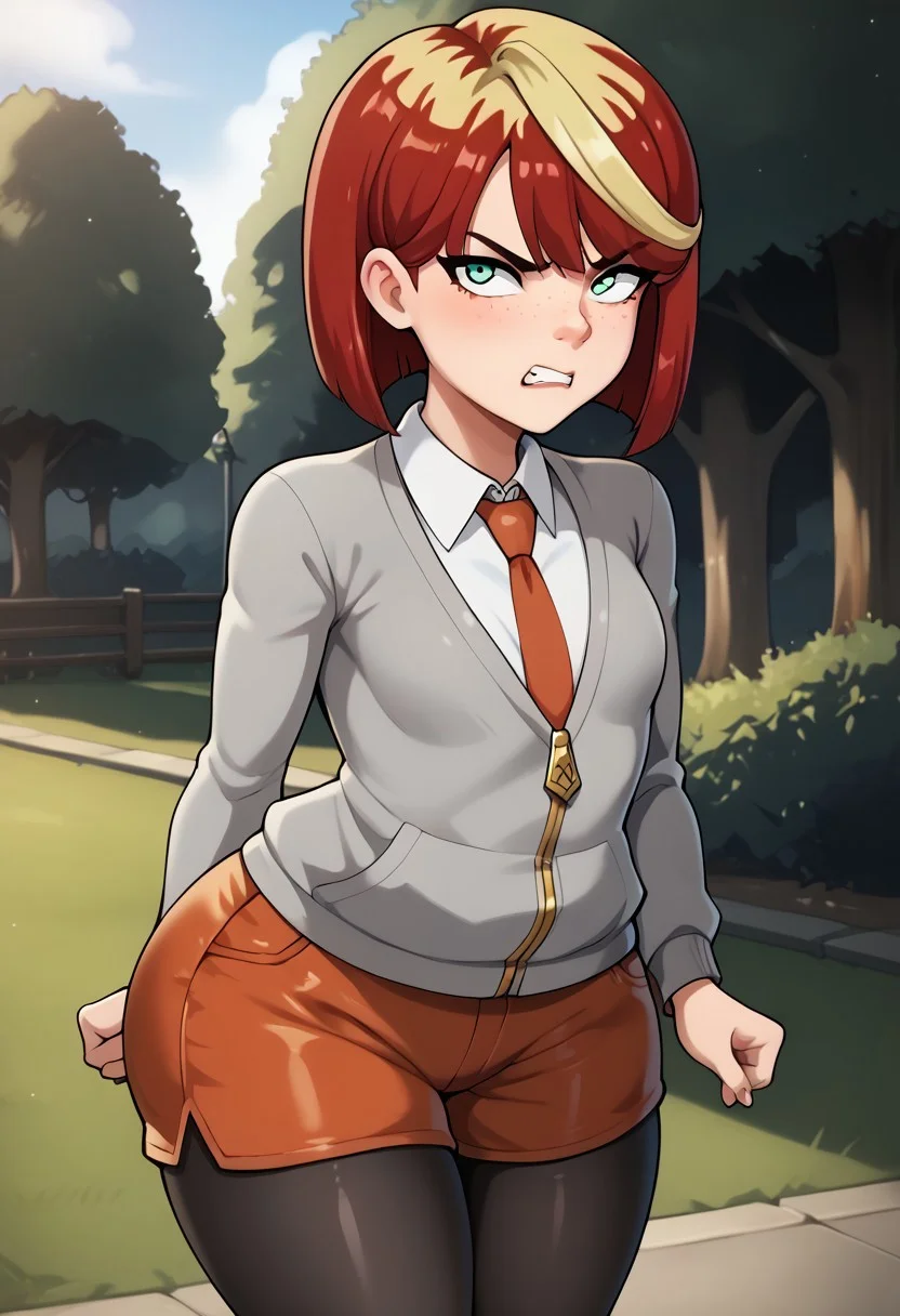 score_9, score_8_up, score_7_up, deep skin, shiny skin, skindentation, source_anime, high quality, highres, ((curvy)), ((wide hips)),, ((thick thighs)), cute, , sexy, small breasts, ,melapkmnXL, MelaPKMN, 1girl, two-toned hair, grey sweater, orange shorts, orange necktie, green eyes, bob cut, red hair, freckles, black pantyhose, tsundere