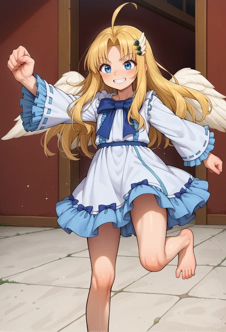score_9, score_7_up, source_anime, <lora:AEFiloPony:0.8> BREAK
AEFiloDef, blue eyes, blonde hair, long hair, parted bangs, ahoge, white wings, feathered wings, hair ornament, white dress, blue bowtie, frilled dress, frilled sleeves, long sleeves, wide sleeves, barefoot,
petite, grin, kicking,