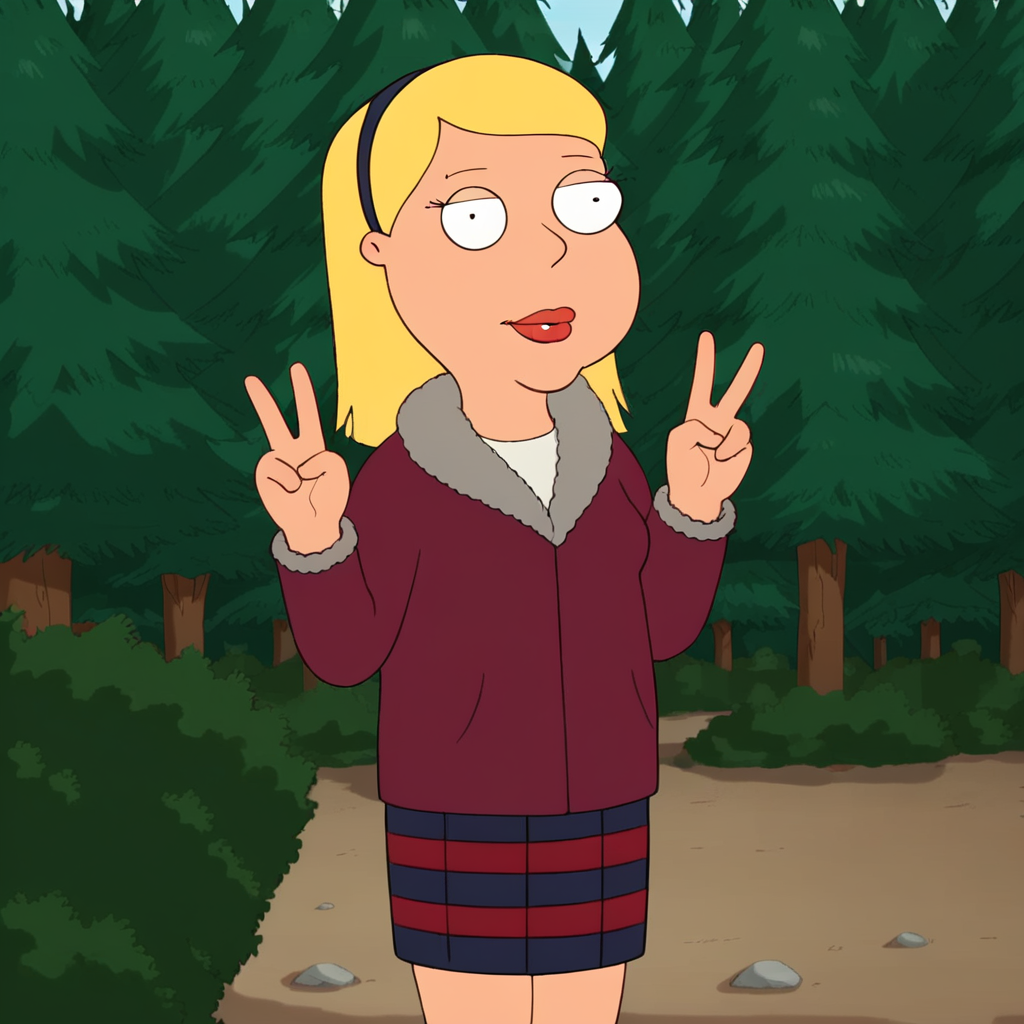 score_9_up, score_8_up, BREAK, sandyherbert, 1girl, solo, blonde hair, long hair, black eyes, lipstick, hairband, jacket, white shirt, short skirt, striped skirt, cowboy shot, double v,   <lora:SandyHerbert_PXL_Leaf2:1>, forest, family guy,