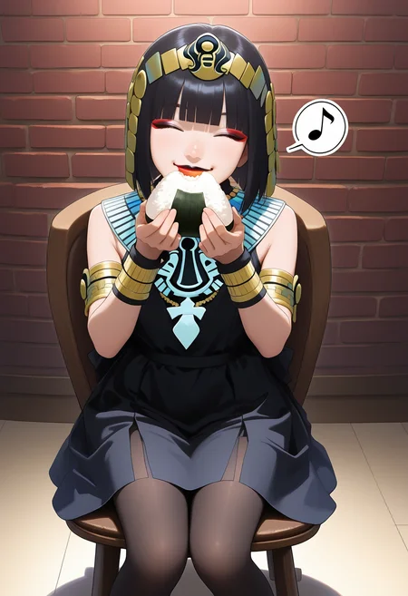 best hands, 5 fingers, <lora:Atropos_IL1.1:0.9>looking at viewer, smile, closed eyes, cowboy shot, Take a bite of the rice ball
Atropos, 1girl, solo, black short hair, blunt bangs, black eyes, Red and black lips, makeup, jewelry,
necklace, black sleeveless dress, bracelet, armlet, egyptian, black pantyhose, Black Pumps
realistic, realistic style, sitting on chair, eating onigiri, spoken musical note
BREAK indoors, brick wall, shadow,