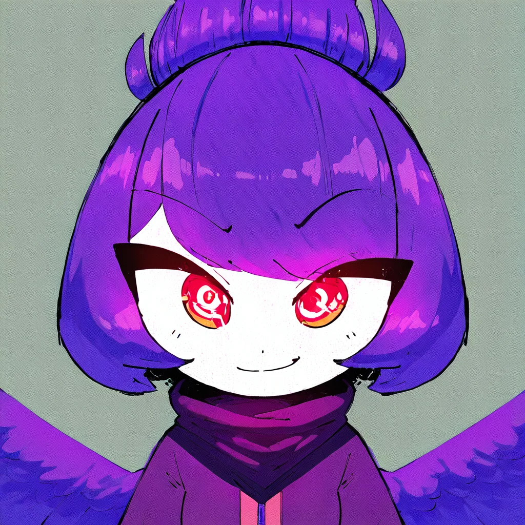 StyleBirdBlitz,(masterpiece, best quality),
1girl, solo, purple hair, short hair, ponytail, symbol-shaped pupils, red eyes, bird wings, feathered, big wings, purple wings, smirk, white skin, purple jacket, dark purple bandana, dot nose, upper body, close-up, straight-on, grey background, (white frame)