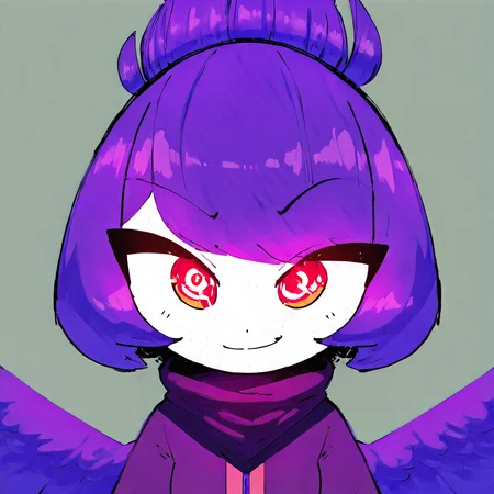StyleBirdBlitz,(masterpiece, best quality),
1girl, solo, purple hair, short hair, ponytail, symbol-shaped pupils, red eyes, bird wings, feathered, big wings, purple wings, smirk, white skin, purple jacket, dark purple bandana, dot nose, upper body, close-up, straight-on, grey background, (white frame)