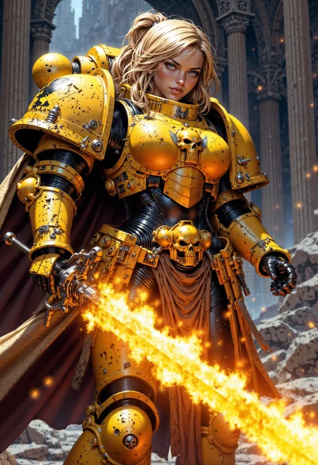 blonde female knight, wearing ImperialF40k power armor, and holding a flaming sword <lora:FluxImperialF40k:1> <lora:FluxMythP0rtr4itStyle:0.7>