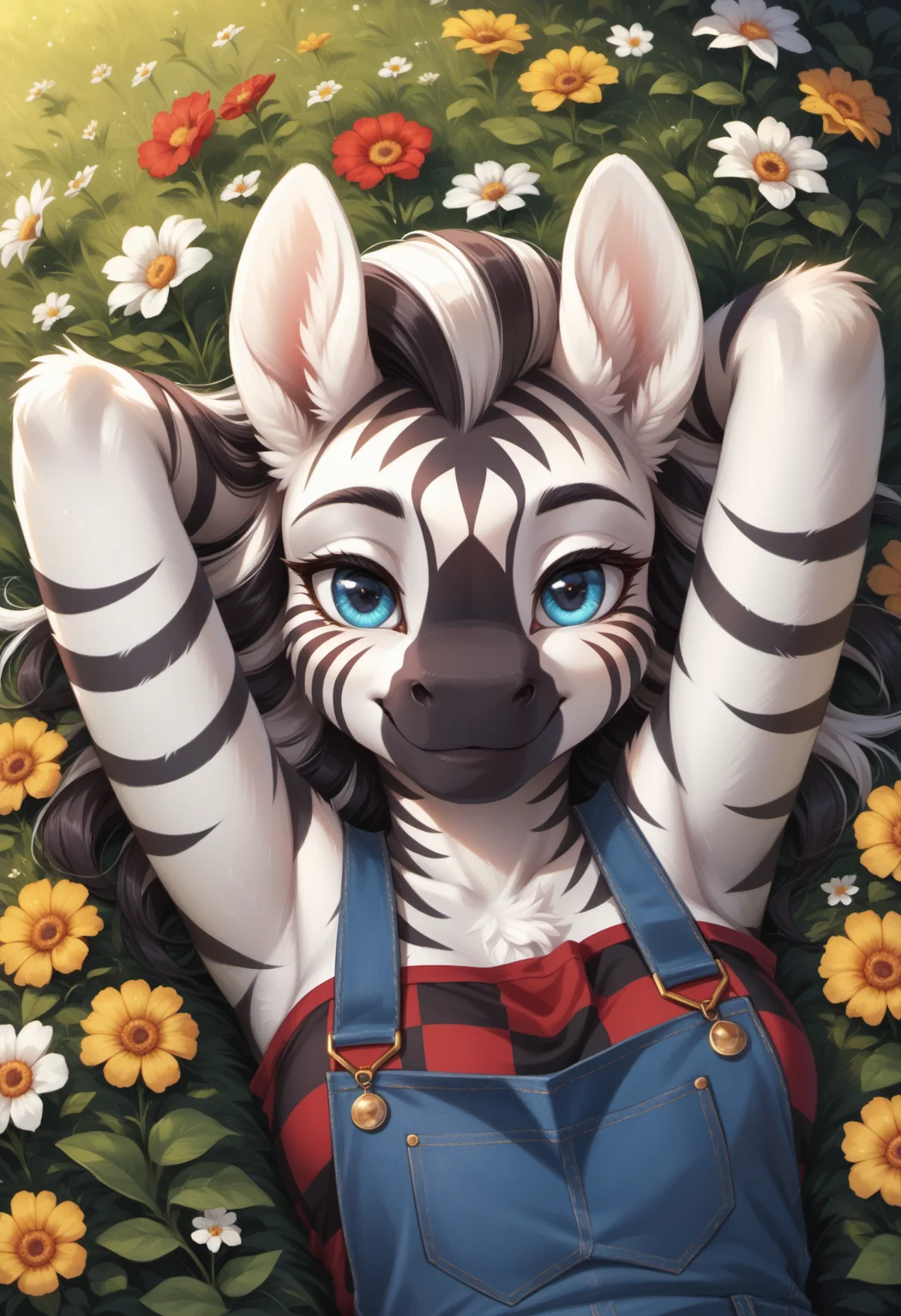 score_9, score_8_up, score_7_up, source_furry, high quality, perfection, detailed, aesthetic, well-lighted, manga style,
outdoors, flower field, flowers,
1girl, solo, from above, (high angle:1.2), face focus, close-up,
furry female, anthro, furred body, fluffy fur, beautiful girl, cute girl, young, youthful, beautiful face, beautiful eyes, perfect eyes, detailed eyes,
(zebra girl:1.2), medium breasts, blue eyes,
denim overalls, checkered shirt, sleeves,
lying on back, head lying, looking at viewer, hands behind head, smile, relaxing,