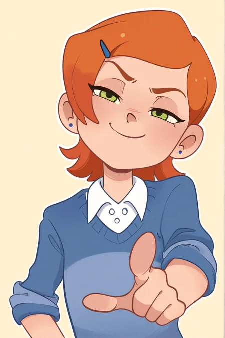 masterpiece, best quality, absurdres,
1girl, gwen tennyson, solo, oramge hair, short hair, green eyes, narrowed eyes, smug, pointing at viewer, looking at viewer,
blue sweater, white collared shirt, sleeves rolled up, head tilt,
<lora:MSMLN-IL:0.75> msmln,