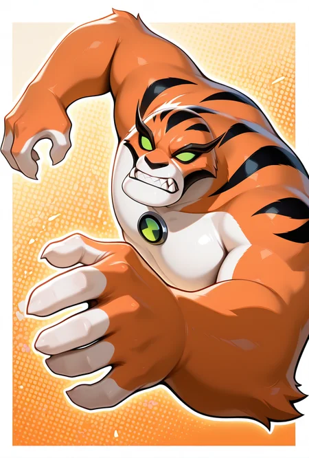 <lora:rath-10:1> rath, furry, 1boy, green eyes, green sclera, solo, no humans, , fangs, orange fur, sharp teeth, big arms,   no pupils, big body, orange background, clenched teeth, dynamic pose,, upper body, halftone effect, white borders, abstract background:1.2,, masterpiece, best quality, amazing quality, very aesthetic, absurdres, newest,