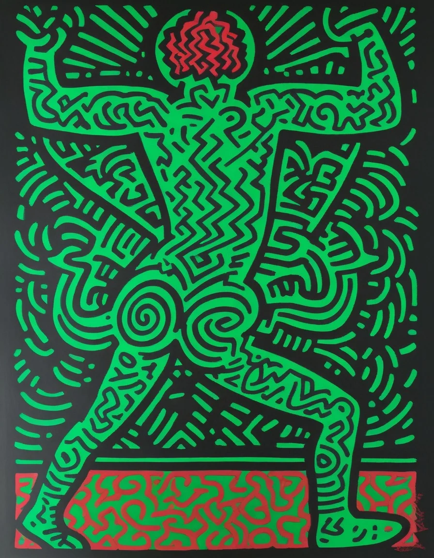 breathtaking <lora:KeithHaringXL_v1:1> KeithHaringXL, a stylized drawing of a Dancer (KeithHaring:1), Green and Red tones, highly detailed, High dynamic range, black background, masterpiece, award-winning, professional, highly detailed