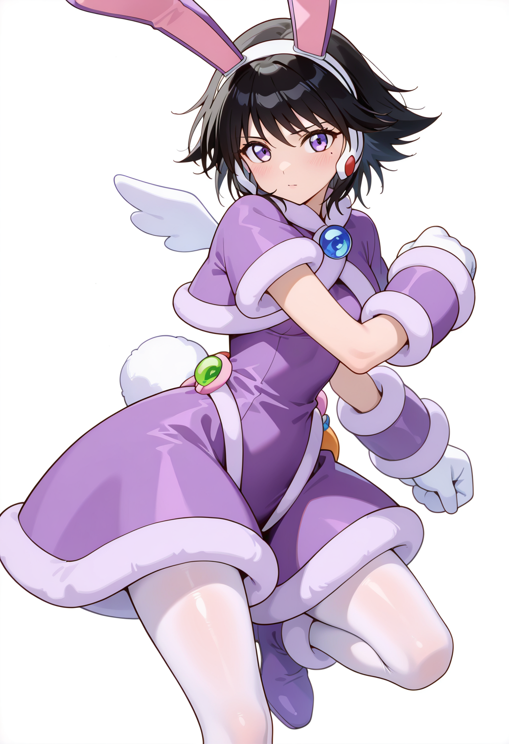 masterpiece, best quality, very aesthetic, absurdres, 1girl, solo,
<lora:corrector_ai_soil_v01:0.9>, corrector_ai, soil_element_suit, black hair, short hair, mole under eye, purple eyes,
magical girl, rabbit ears, hairband, purple dress, fur trim, small wings, white mittens, rabbit tail, white pantyhose, purple footwear, posing