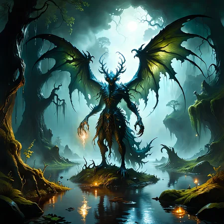 famous artwork inspired by (wlop:1.3) and (alex maleew:1.1) and (david hudnut:1.1), oil on canvas, high fantasy style, the intriguing "common flunnellorm", a coundrilsized monster ermerging from the depths of the misty anderful swamps of planet "dunksphere v", shown here with its watterlined wings glistening in the moonlight as it snurfles, twisting trees and glimpering the will-o'-wisps in its habitat, (old masters painting:1.1), (intricate details:1.1), (creature focus:1.1), <lora:lyco-style-envydramaticlightingxl01_digital_art-xl:0.64> <lora:midjourney_mimic-xl-by_andrexsel:0.6> <lora:more_artful-xl:0.36> <lora:extremely_detailed-detail_slider-v2-xl-by_ntc:1.0> <lora:envybetterhiresfixxl01-xl:0.0:hr=1.0>