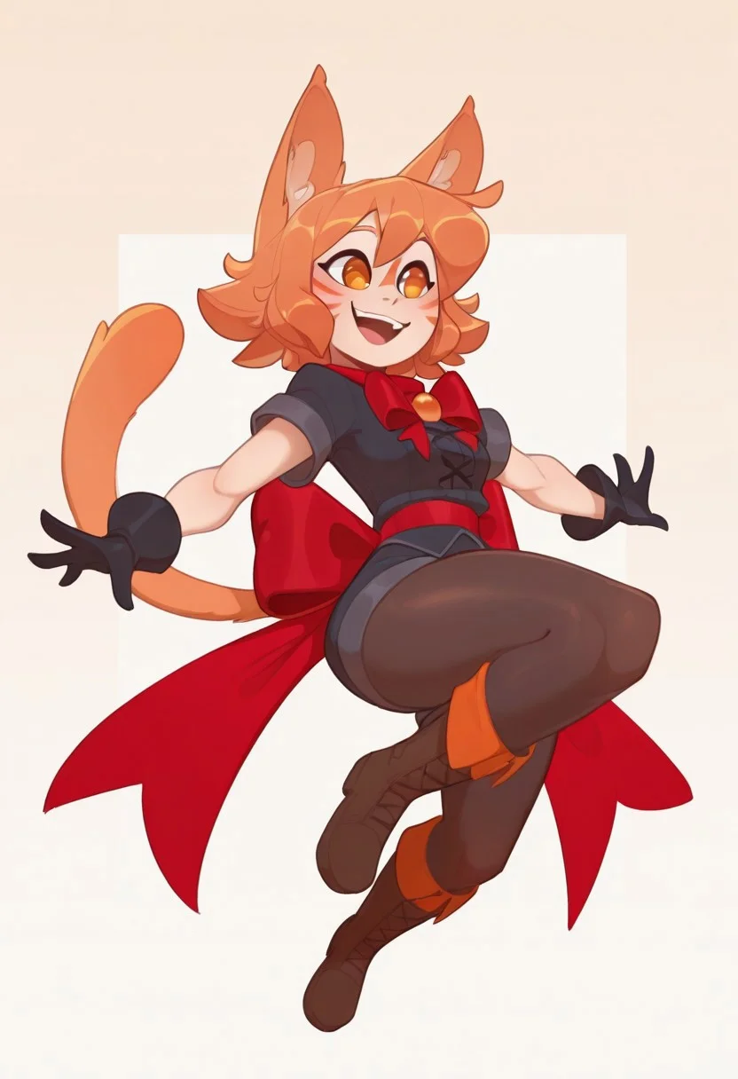 huffslove, 1girl, smile, open mouth, short hair, gloves, bow, animal ears, tail, short sleeves, pantyhose, boots, cat ears, orange hair, orange eyes, cat tail, facial mark, cat girl, full body, black gloves, red bow, back bow, large bow