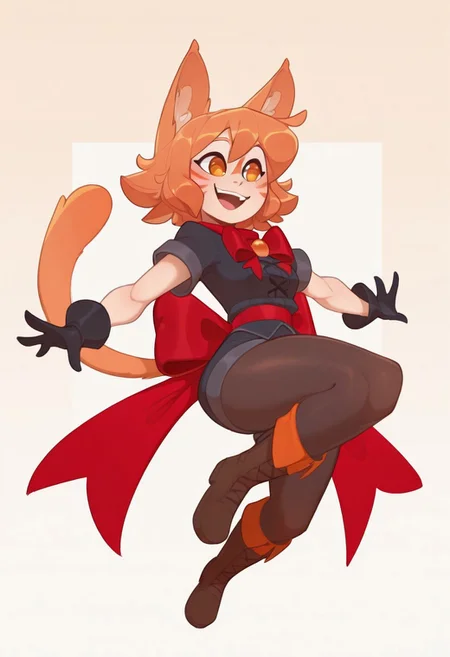 huffslove, 1girl, smile, open mouth, short hair, gloves, bow, animal ears, tail, short sleeves, pantyhose, boots, cat ears, orange hair, orange eyes, cat tail, facial mark, cat girl, full body, black gloves, red bow, back bow, large bow