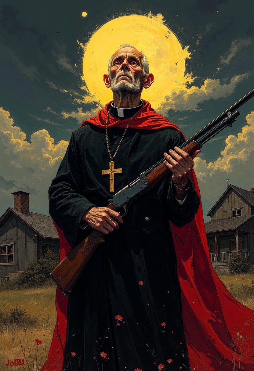 DB4RZ style painting Medium shot of a portrait from knee level. Skinny old man, Catholic priest. He is exhausted after a fight, holds a shotgun in front of him. dark Night. Clouds in the sky. The moon behind the priest's head is like a halo on an icon. In the background Damaged modern houses in the countryside. Blurred background. Black, red, yellow palette. Detailed drawing in comic book style.. <lora:paintart-style-004:0.6> <lora:fantastic-realism:0.35> f4nt4st1c