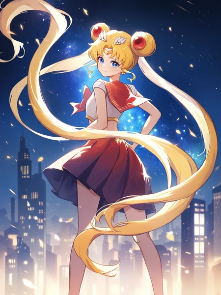 masterpiece, best quality, very aesthetic, absurdres, .,, Super Sailor Moon: (Height, 5 feet 2 inches (157 cm), petite, youthful frame:1), (Build, Slim and graceful, with a figure that conveys agility and strength:1), (Hair, Long, golden-blonde hair styled in her signature "odango" (twin buns) with flowing pigtails that cascade down her back, hair shimmers with a brighter, more radiant glow, celestial transformation:1), (Eyes, Large, deep blue eyes:1), (Skin, Fair and luminous, with a flawless and almost otherworldly glow, ethereal beauty:1). . , <lora:skyline-abstract:0.5>, (cityscape, city, city lights, skyline, street, street view:0.7), background, abstract background,