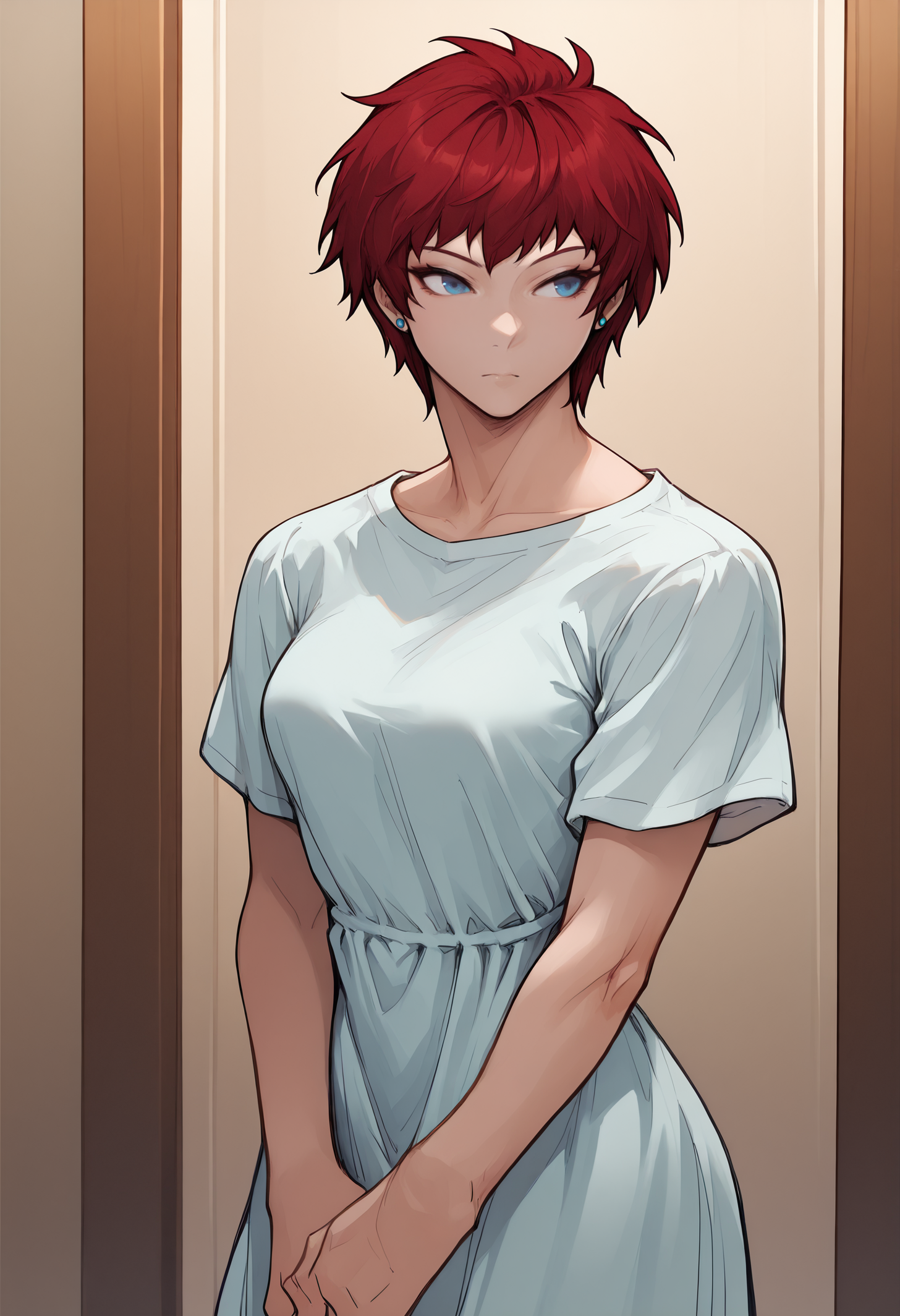 masterpiece, best quality,mmixmorg, <lora:MorgyMixStyle-illustXL_V1-Manityro-CAME:1>,
 1girl, solo, akmktb, tomboy, short hair, red hair, blue eyes, stud earrings, jewelry, dress, standing, looking to the side, gentle smile, indoors, <lora:akwmk_idxl_EliPot:1>
