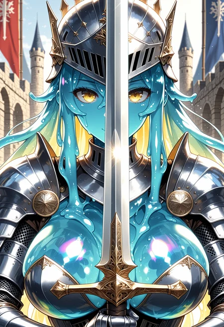 (masterpiece), best quality, amazing quality, realistic, upper body,
(swordup, looking at viewer, close-up, holding sword:1.1),
(slime girl, blue slime skin:1.1), solo, curvy,
see-through skin, yellow eyes, strong seductive expression, BREAK
standing, perfect large breasts, helmet, (pearlescent:1.1) armor, knight, BREAK
volumetric lighting, sunlight, blue sky, slime, depth of field, castle, light particles, crepuscular rays, banners, (iridescent:1.1), reflections, dripping,
 <lora:swordsalute-pose-richy-v1_ixl:1.5>