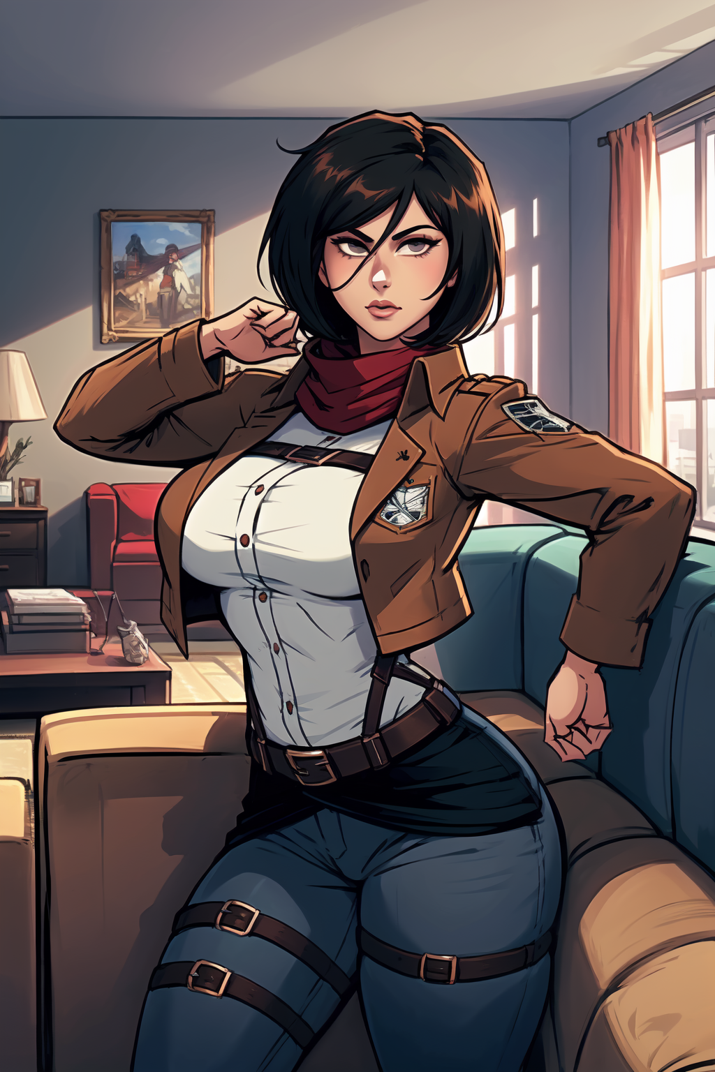 (1girl:1.3), (solo:1.2), curvy, (masterpiece:1.2), (best quality:1.2), (dynamic pose:1.4), (confident:1.2)
<lora:iAHFY [MockAi - v1.0]:1.2> iAHFY, pinup, simple shading, (muted colors:1.2), (large breasts:1.4), (cowboy shot:1.2), (living room scenery:1.4), inside, (comfy sofa:1.3), <lora:AOT - Mikasa Ackerman [h_madoka - v1.0]:0.7> hmmikasa, short hair, black eyes, scarf, emblem, belt, thigh strap, red scarf, white pants, brown jacket, long sleeves