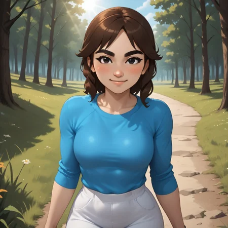 score_9, score_8, BREAK, solo, wii, mii, wii sports club, female mii, 1girl, cute, brown hair, black eyebrows, black eyes, blush, cyan clothing, white pants, shoes, breasts, Marit_(Wii_Sports), nintendo mii, modern_mii, classic_mii, sexy pose, smile, outdoors, sunlight, shadows, evening lighting, natural lighting, forest, trees, grass, orange sky, sunset