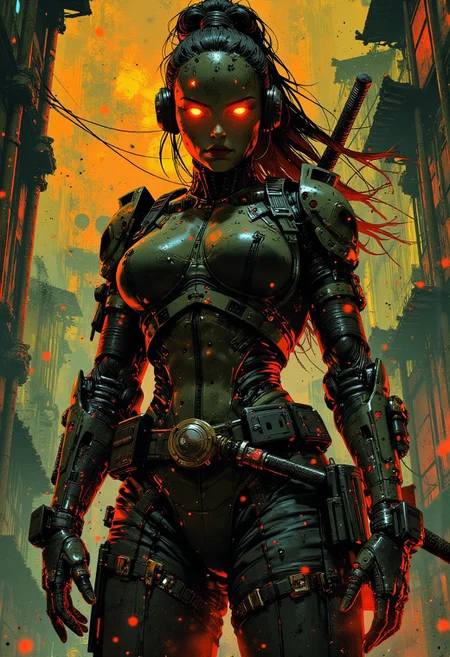 mythp0rt, female cyberpunk robot samurai, robot face with mirrored face shield, hyperdetailed helmet, flowing black hair, reflective black and neon red armor, robot joints, body made of metals, cables and wires, a katana strapped to her back, abstract background suggesting eastern temple