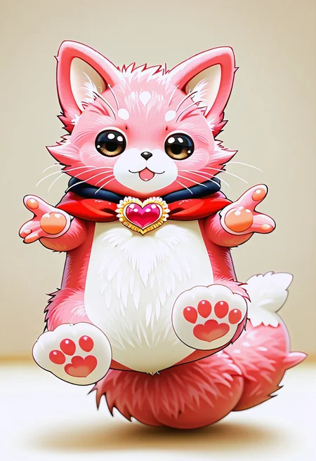 zuppu11, full body, solo, furry, score_9, score_8_up, look at viewer, male focus, no humans, furry male, flux-style, detailed eyes, Kome_kome, :d, heart, cat, brooch, pink fur, heart brooch, flx$tyl3