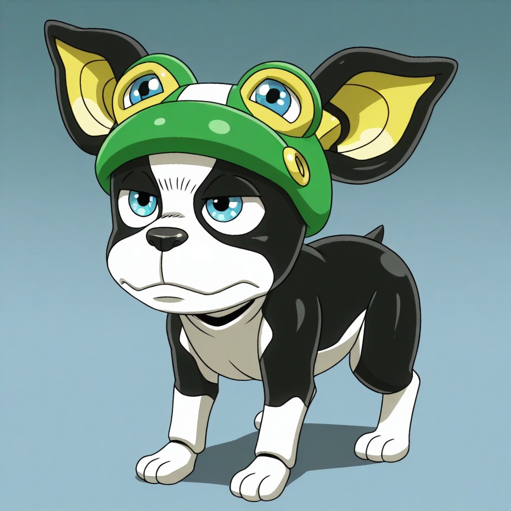 dog, animal focus, animal, no humans, 
iggy, male, feral, furry male, solo, black fur, white fur, two-tone fur, yellow ears, blue eyes, black nose, paw pads,
robot, robotic dog, mecha, 
short hair, frog hat,