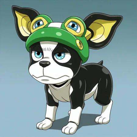 dog, animal focus, animal, no humans,
iggy, male, feral, furry male, solo, black fur, white fur, two-tone fur, yellow ears, blue eyes, black nose, paw pads,
robot, robotic dog, mecha,
short hair, frog hat,
