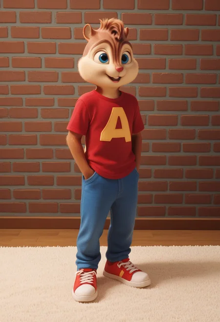 Score_9, score_8_up, score_7_up, source_furry, Alvin Seville, chipmunk, chipmunk male, furry male, furry, 3d, render, movie screencap, blueeyes, red t-shirt, blue jeans, sneakers, tail, hands in pockets, large feet, floral wall , carpet, windows, <lora:Alvin _Seville __Alvin_and_the_Chipmunks__CG_Movie_version:0.8>