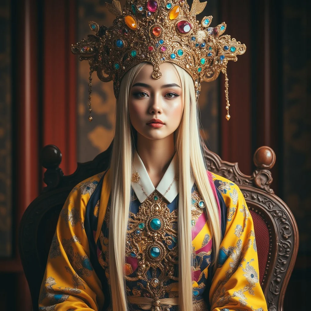 Create an image of an extremely beautiful Chinese woman, wearing a golden crown adorned with colorful gemstomes and jewels and intricate, ornate steel armor. The woman is sitting on an old, ornate throne. The image showcases her natural beauty, focusing on her flawless skin and delicate features. Her blonde hair is styled in an intricate and unique fashion, adding to her ethereal and timeless aura. The lighting enhances her features, creating a soft interplay of light and shadow, while the high-resolution quality captures every detail with photorealistic clarity. aidmaMJ6.1