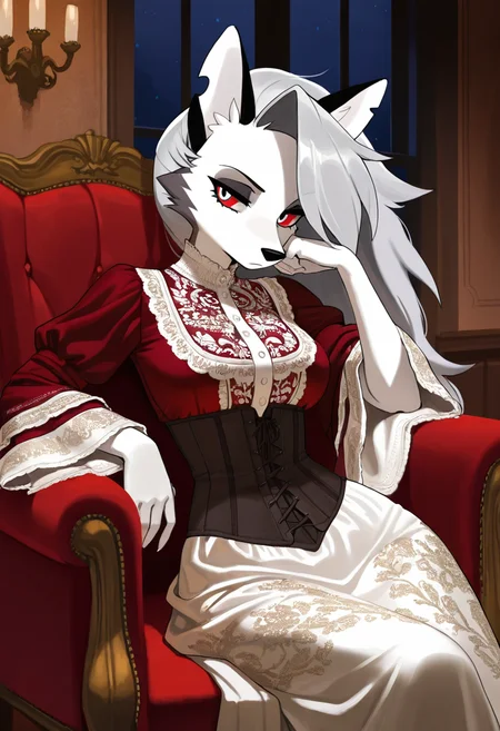 furry, loona, masterpiece, best quality, amazing quality, ultra detailed, solo, 1girl, adult, long dress, wide sleeves, ornate dress, corset, victorian dress, sitting, armchair, brocade, reclining, leaning on side, chin down proud, indoors, night, particles, cowboy shot,