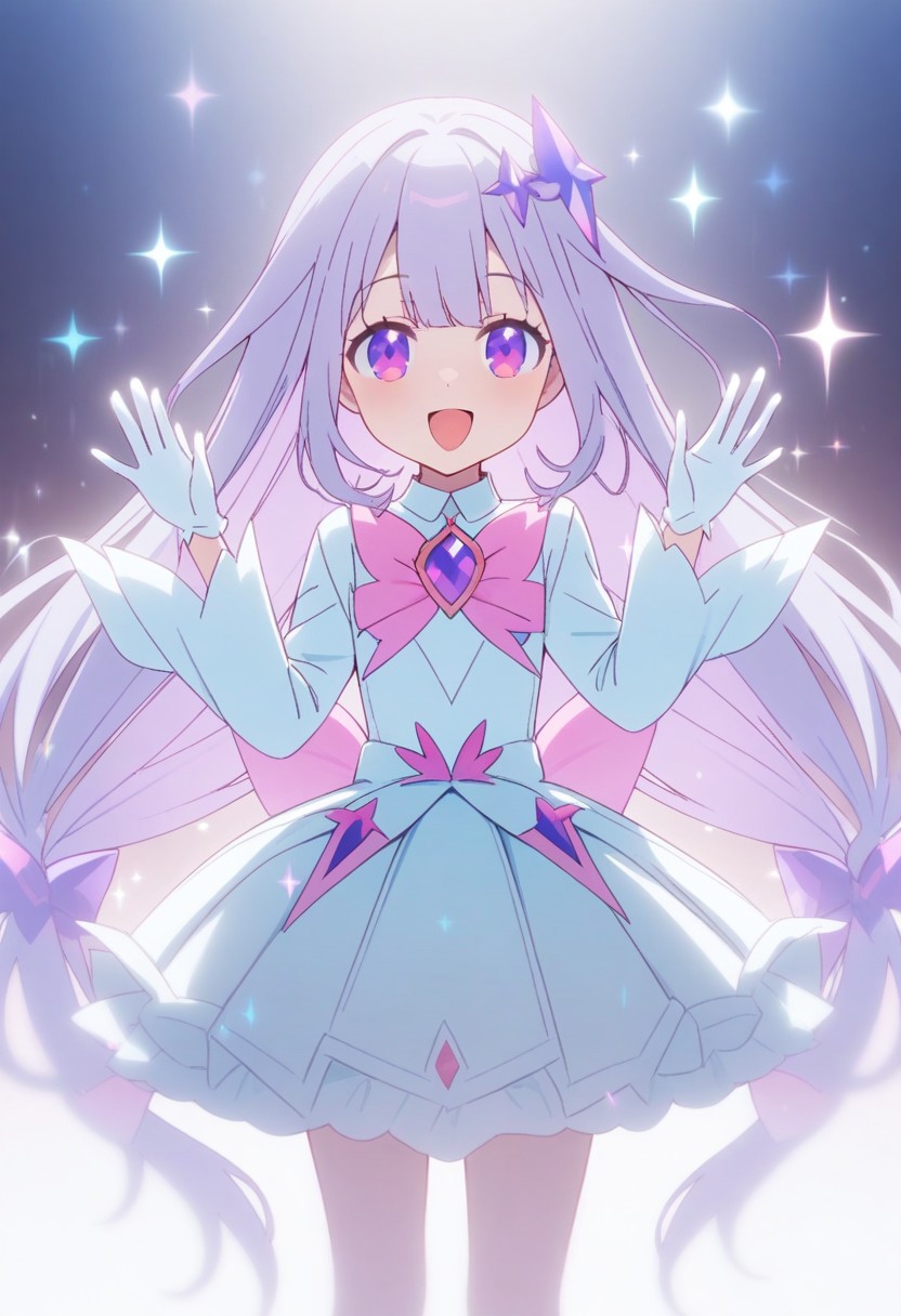 masterpiece, very aesthetic, koseki bijou, magical girl, standing, looking at viewer, long sleeves, hair ornament, :d, ribbon, white gloves, sparkle, white shirt