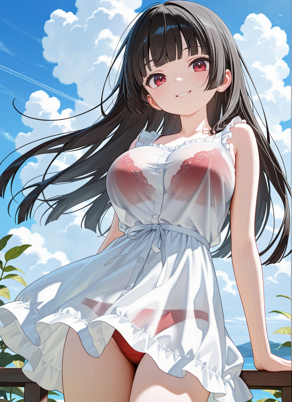 1girl, large breasts, long hair, hime cut, sleeveless sundress, day, cowboy shot, smile, looking at viewer, <BREAK> , masterpiece, best quality, absurdres, highres, very aesthetic, high quality, detailed, insanely detailed, beautiful, very awa, , bra visible through clothes, red bra, panties visible through clothes, red panties,