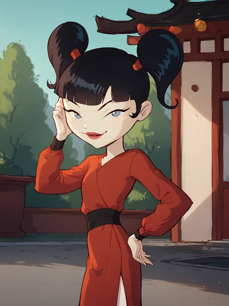 <lora:KimikoPony1.0:1> kimiko 1girl, black hair, solo, twintails, bangs, smile, long sleeves, red dress, blunt bangs, looking at viewer, lipstick,looking at viewer, hand on own hip,outdoors, score_9, score_8_up, score_7_up, score_6_up <lora:Smooth Anime Style LoRA XL:1>