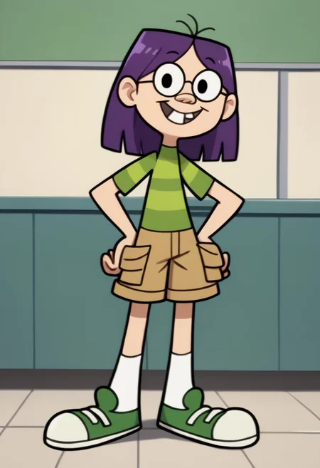 score_9, score_8_up, score_7_up BREAK DanaWay, 1girl, purple shoulder-length hair, triple ahoge, black eyes, buckteeth, round glasses, bucktooth, short-sleeved green striped shirt, cargo shorts, white socks, green white sneakers, cartoon, source_cartoon, smiling at viewer, school indoors, school background, full body,