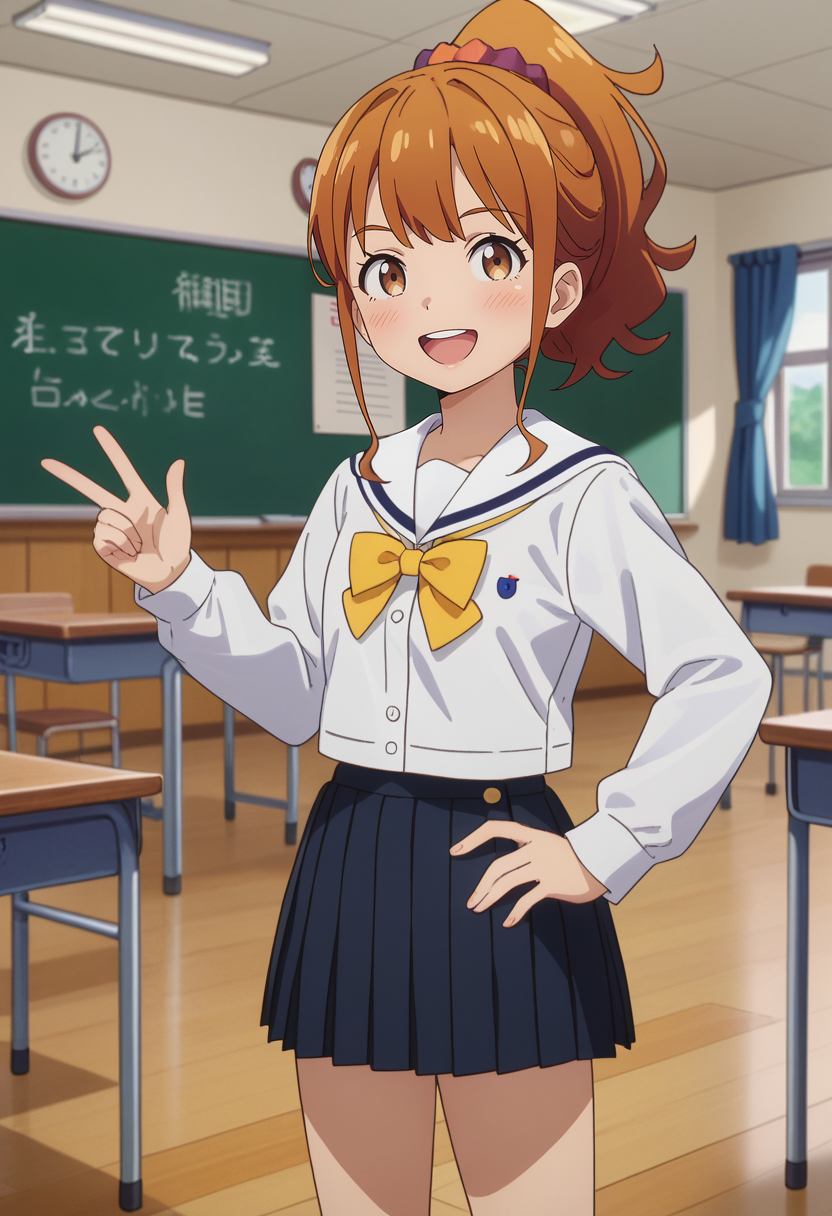 score_7_up, anime screencap,
<lora:EromangaSensei_JinnoMegumiXL:0.8>,
1girl, solo, open mouth, smile, light blush, upper teeth only,
ginger hair, brown eyes, ponytail, hair scrunchie,
MegumiSchool, white sailor collar, white shirt, yellow bowtie, long sleeves, pleated skirt, black skirt,
standing, looking at viewer, thigh gap, hand on own hips,
blurry background, indoors, classroom