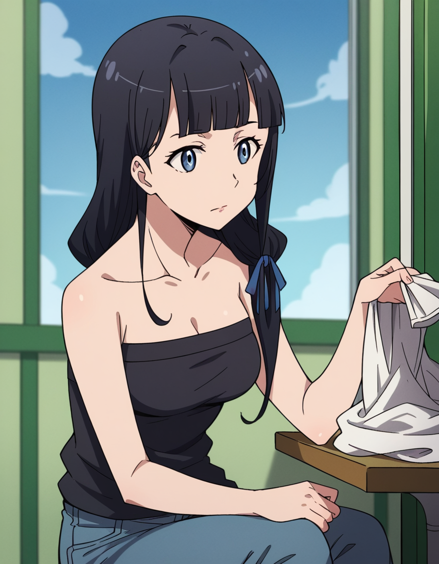 score_9, score_8_up, score_7_up, source_anime, <lora:mari-kurokawa-s1s2-ponyxl-lora-nochekaiser:1>, mari kurokawa, long hair, bangs, blue eyes, black hair, ribbon, hair ribbon, blue ribbon, hair over shoulder, medium breasts,, shirt, bare shoulders, collarbone, black shirt, strapless, pants, denim,, laundry day, clothesline, drying clothes, domestic life, fresh air, blue sky, , , sitting, elbow rest, table,, solo,, cowboy shot, dutch angle