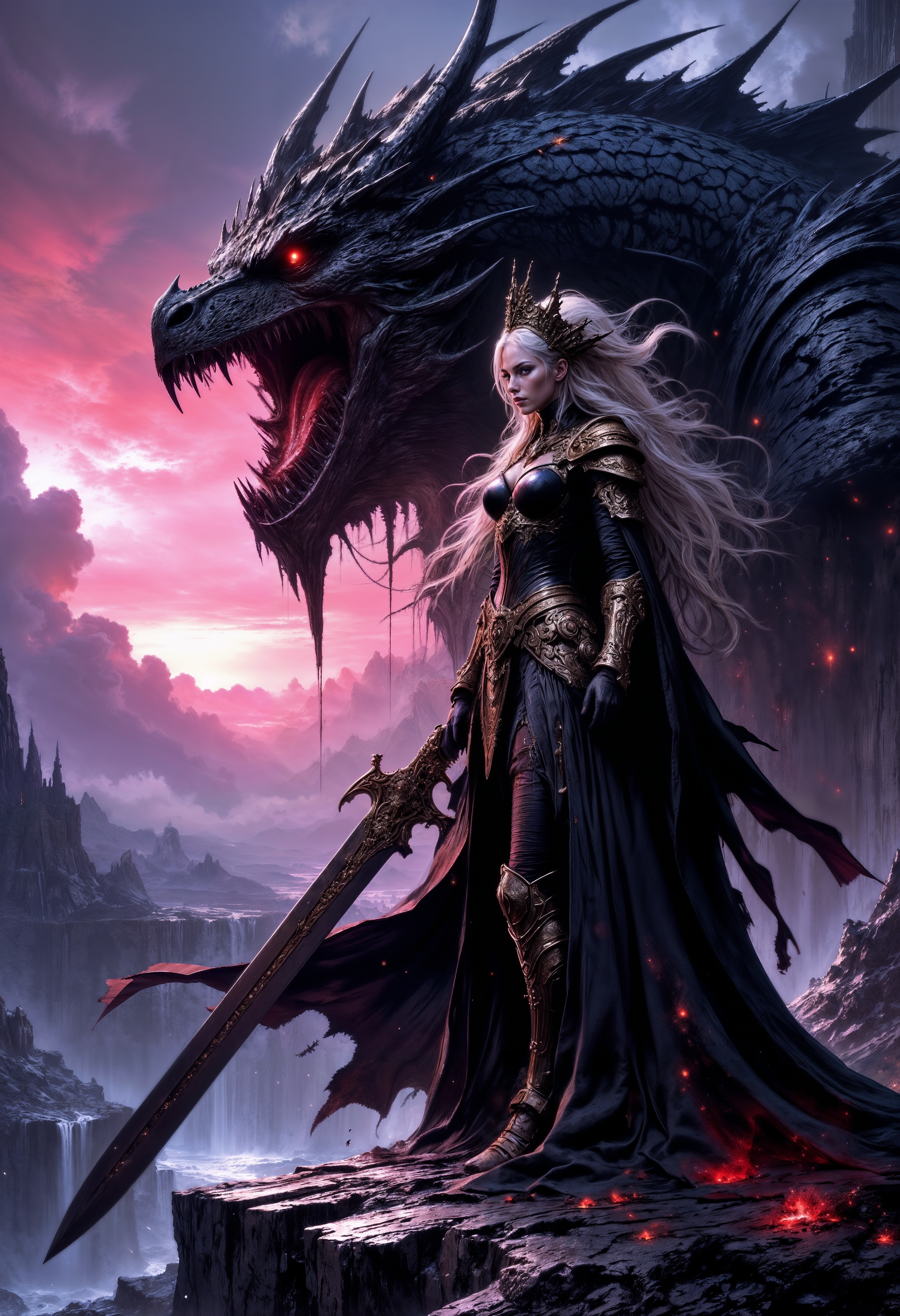 A dark and dramatic fantasy scene featuring a regal, pale-haired sorceress clad in intricate black and gold armor. She stands poised on jagged, rocky terrain overlooking a vast, ethereal landscape bathed in a sinister glow of pink and purple hues. Behind her looms a colossal, menacing dragon with an obsidian-scaled body and glowing crimson eyes that pierce through the gloom. The dragon’s maw shows its sharp teeth, and untamed power, as faint wisps of smoke and glowing embers seep from its maw. The sorceress wields a massive, rune-inscribed sword, her flowing hair and cloak moving with an unseen wind. The atmosphere is ominous yet captivating, with clouds swirling ominously in the background, reflecting the interplay of light and shadow. A perfect blend of gothic elegance and primal ferocity. dark fantasy, gothic sorceress, dragon companion, glowing eyes, stormy atmosphere, otherworldly landscape, intricate armor, epic scale, dramatic lighting, mystical power, high detail.  <lora:FluxMythP0rtr4itStyle:0.75>  <lora:Elden_Ring_-_Yoshitaka_Amano:0.5> <lora:artisketchyfs-v02:0.5> <lora:Dever_Flux_Enhancer:0.5>