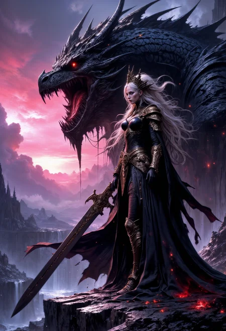 A dark and dramatic fantasy scene featuring a regal, pale-haired sorceress clad in intricate black and gold armor. She stands poised on jagged, rocky terrain overlooking a vast, ethereal landscape bathed in a sinister glow of pink and purple hues. Behind her looms a colossal, menacing dragon with an obsidian-scaled body and glowing crimson eyes that pierce through the gloom. The dragon’s maw shows its sharp teeth, and untamed power, as faint wisps of smoke and glowing embers seep from its maw. The sorceress wields a massive, rune-inscribed sword, her flowing hair and cloak moving with an unseen wind. The atmosphere is ominous yet captivating, with clouds swirling ominously in the background, reflecting the interplay of light and shadow. A perfect blend of gothic elegance and primal ferocity. dark fantasy, gothic sorceress, dragon companion, glowing eyes, stormy atmosphere, otherworldly landscape, intricate armor, epic scale, dramatic lighting, mystical power, high detail.  <lora:FluxMythP0rtr4itStyle:0.75>  <lora:Elden_Ring_-_Yoshitaka_Amano:0.5> <lora:artisketchyfs-v02:0.5> <lora:Dever_Flux_Enhancer:0.5>