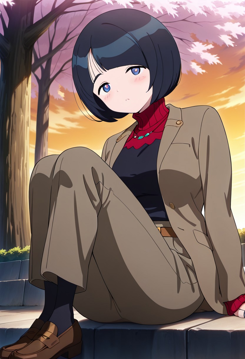 ((masterpiece, absurdres)), best quality, amazing quality, newest, 4k, anime coloring, very aesthetic, ray tracing,expourse light, Smooth Quality, CG, mamamajo, 1 female, bob head, blue eyes, blush, turtleneck clothes, coat,pants,belt, ring,loafers, sitting,sakura tree