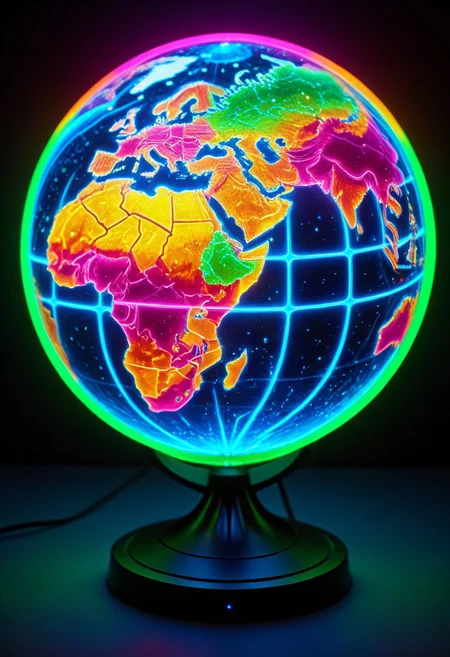 An epic photo of an avant-garde bioluminescent world globe, neon color, masterpiece, best quality, highly detailed, sharp focus, dynamic lighting, flux-style,