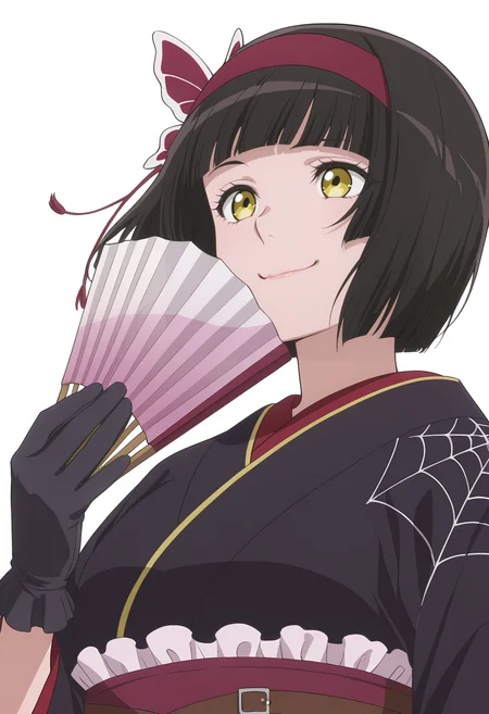 Smooth Quality,masterpiece, ultra realistic,
simple background, white background,
from below,forced smile,wind,
<lora:MioCnn:0.8> Mio/Cnn, 1girl, short hair, bangs, japanese clothes, kimono, yellow eyes, hairband, blunt bangs, black gloves, black hair, spider web print,butterfly hair ornament,folding fan,