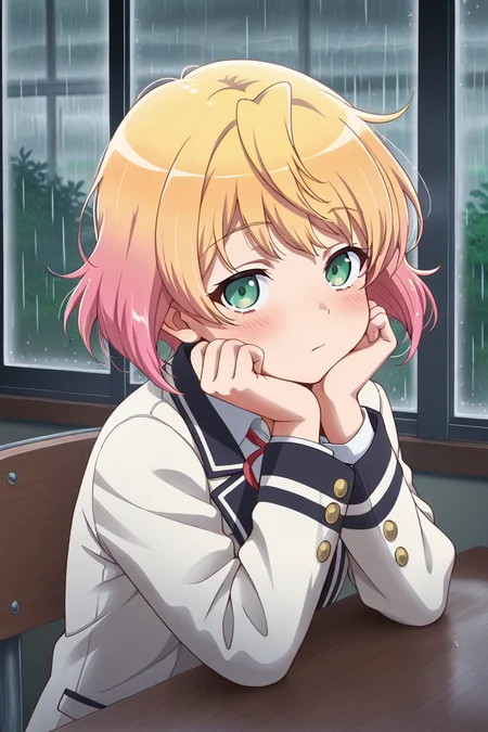 masterpiece, best quality, amazing quality,
<lora:Minku_IL:1> minku, 1girl, solo, green eyes, blonde hair, multicolored hair, chair, rain, pink hair, gradient hair, window, indoors, sitting, long sleeves, school uniform, blush, jacket, upper body, looking at viewer, head rest