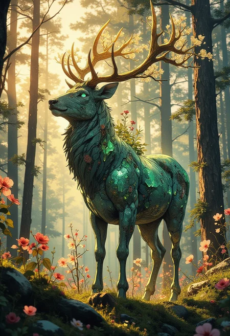 hyper realistic, a majestic A gemstone stag slowly blooming into life, moss and flowers sprouting from cracks in its crystalline body as it awakens, its eyes, initially dull stones, begin to glow with an inner emerald light, dawn light filters through a forest, illuminating the stags nascent awakening, wide shot capturing the stags full form and the blooming flora with golden antlers standing in a sunlit clearing, surrounded by ethereal forest spirits, glowing flora, magical atmosphere, extremely high-resolution details, photographic, realism pushed to extreme, fine texture, incredibly lifelike, Cinematic, beautiful, vibrant, masterpiece, 32k, ultra HD, ultra-detailed, amazing quality, amazing artist, sharp edges, detailed textures, full view, atmospheric lighting, amazing visuals