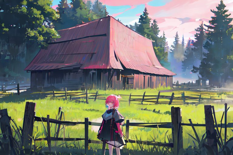 (otherworldly), highly insanely detailed, masterpiece, top quality, best quality, highres, 4k, 8k, RAW photo, (very aesthetic, beautiful and aesthetic), farm, fields, barn, fence, fantfa, <lora:FantasyFarm-10:0.6>, 
1girl, 
(neon pink hair ,gradient hair), 
(pure blue background,transparent background),âââ